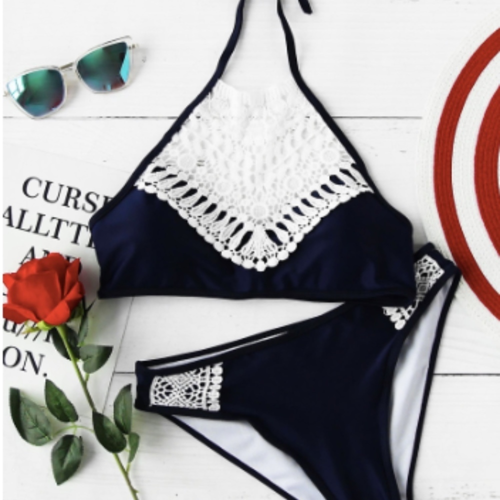 Boho High Neck Crochet 2 pc Bikini in Navy, S